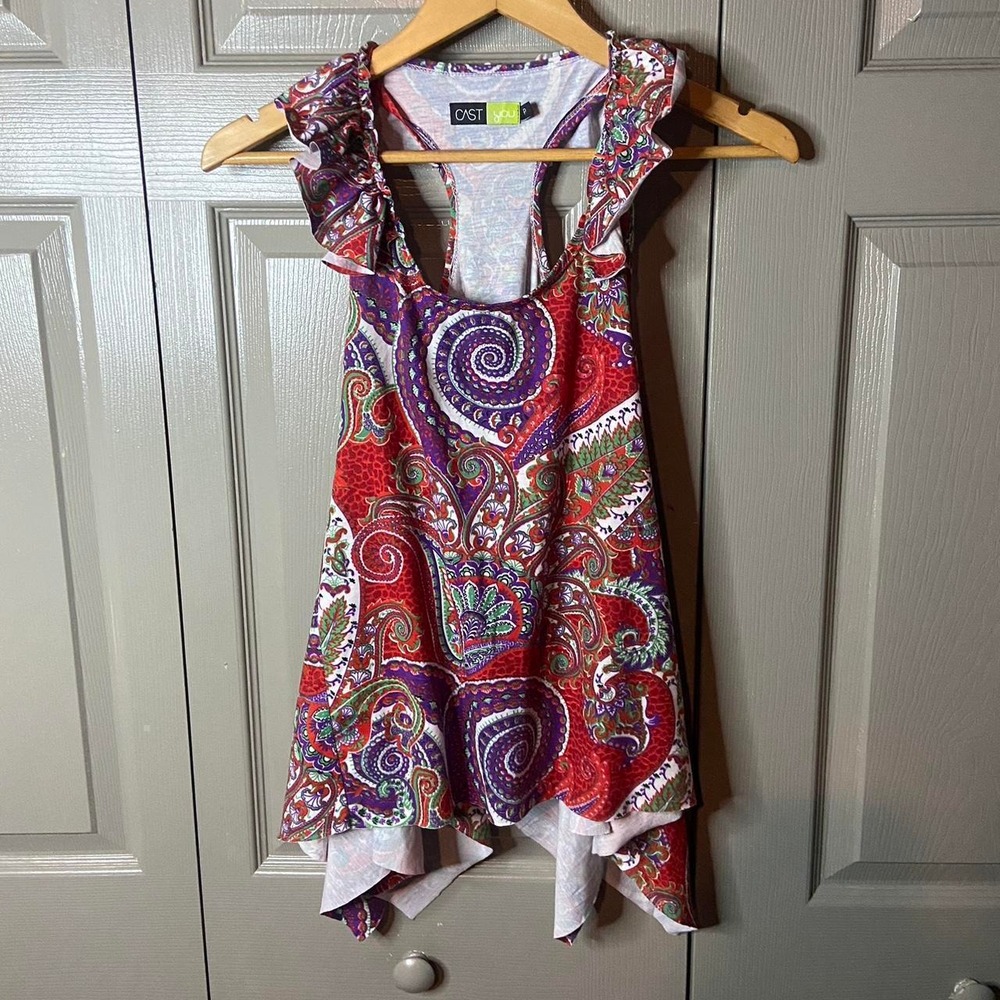 Cast You Y2K Paisley Ruffled Tank Top Boho Asymmetrical Tunic Racerback Small